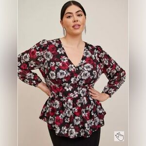 TORRID Size 00 0X XL Red White Peplum Chiffon Floral Top NWT R$59